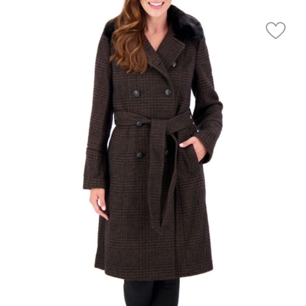 VINCE CAMUTO Double Breasted Faux Fur Collar Coat